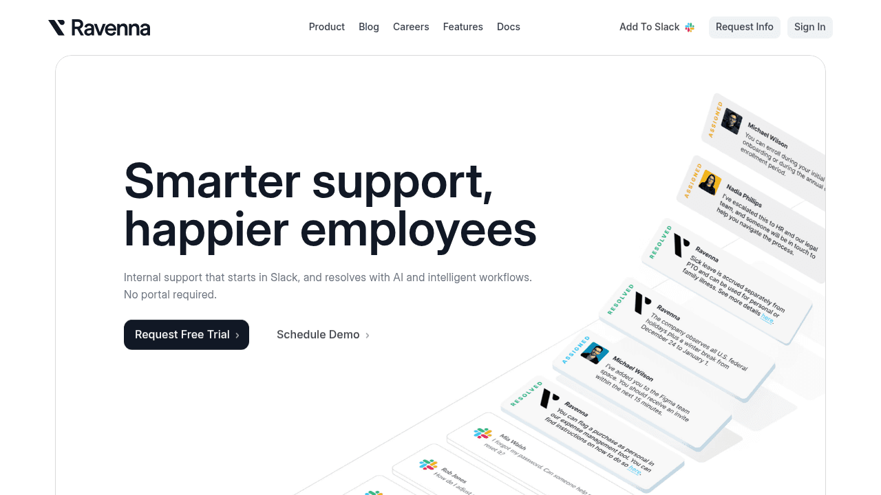 Ravenna AI-powered IT knowledge management platform homepage showing Slack-native features and enterprise security capabilities
