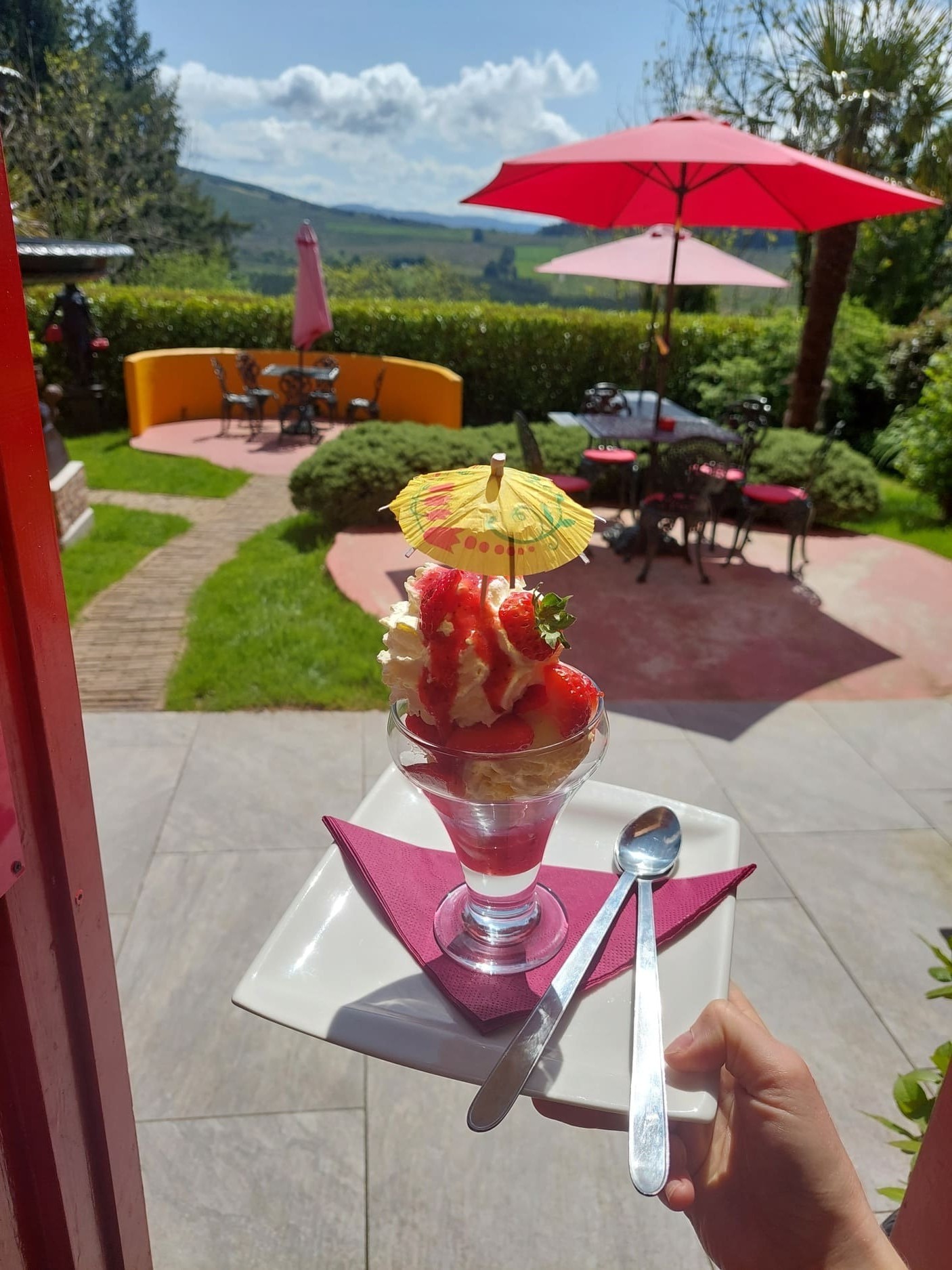 Server holding strawberry sundae with a view of the valley in the background