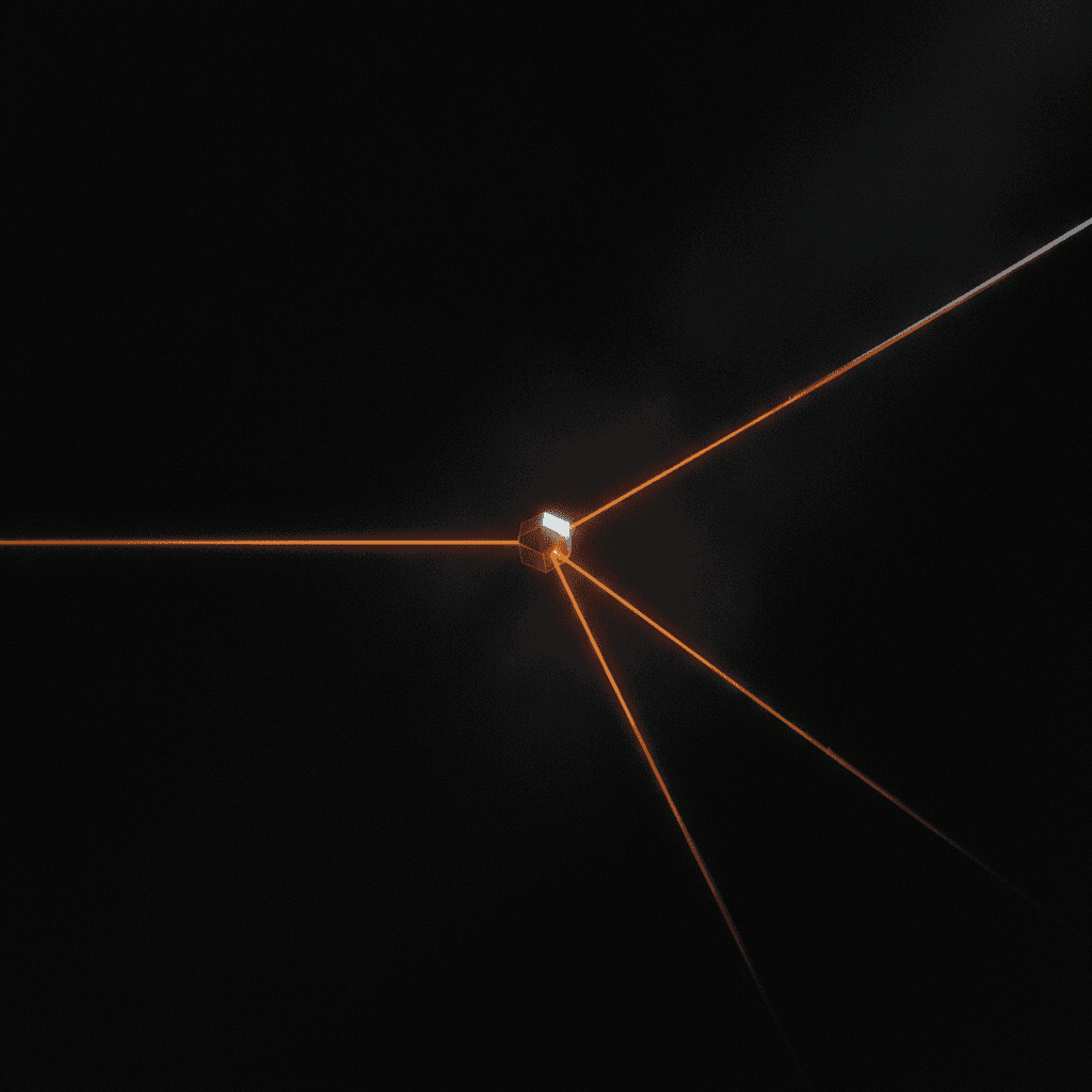 Single thin orange light beam splitting into three diverging paths against deep black void