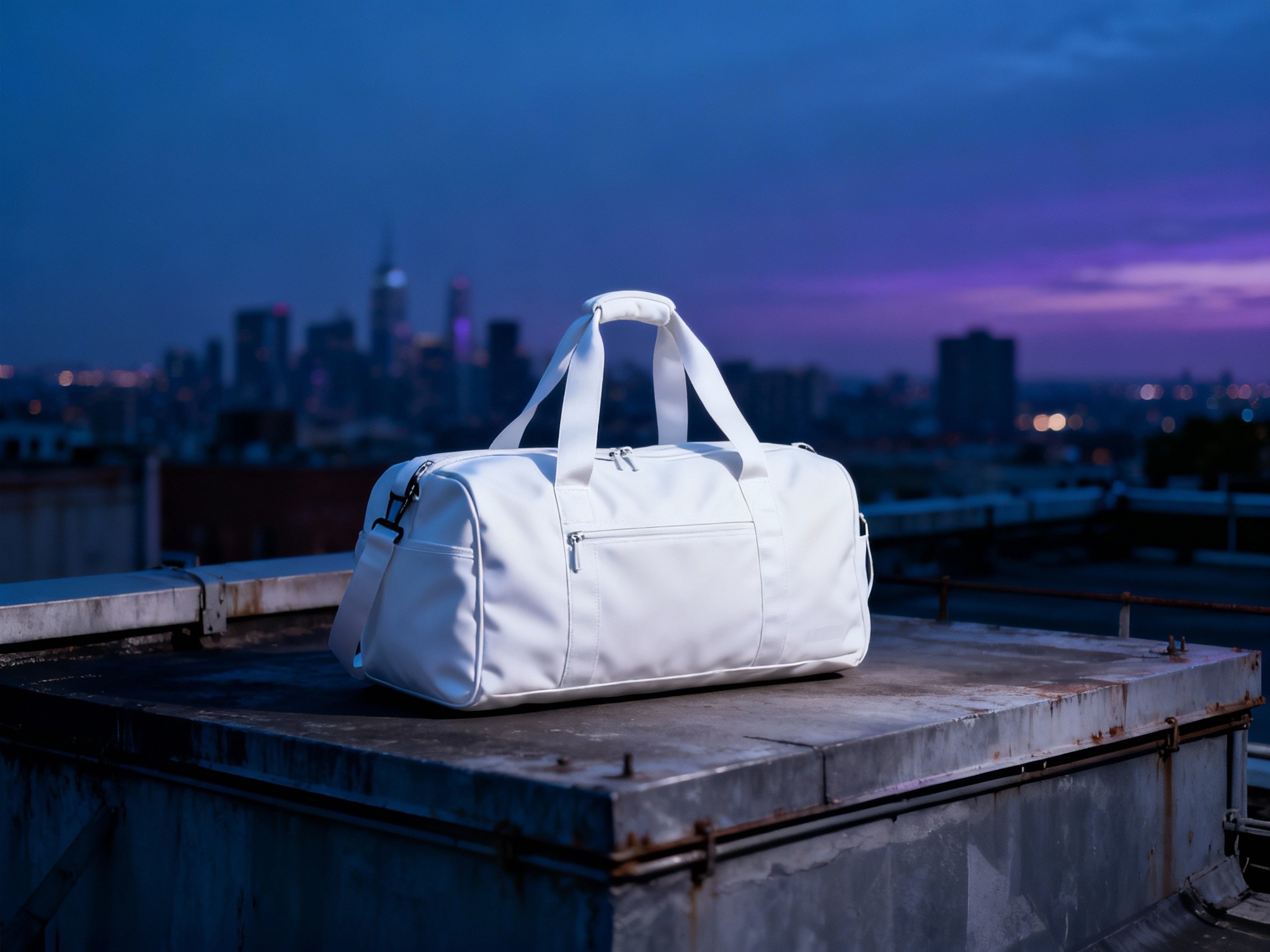 A minimalistic gym bag in matte white set against an industrial urban rooftop at twilight, framed in