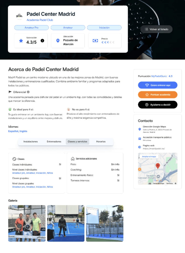 Buscador de clases de padel en escuelas de padel de España 