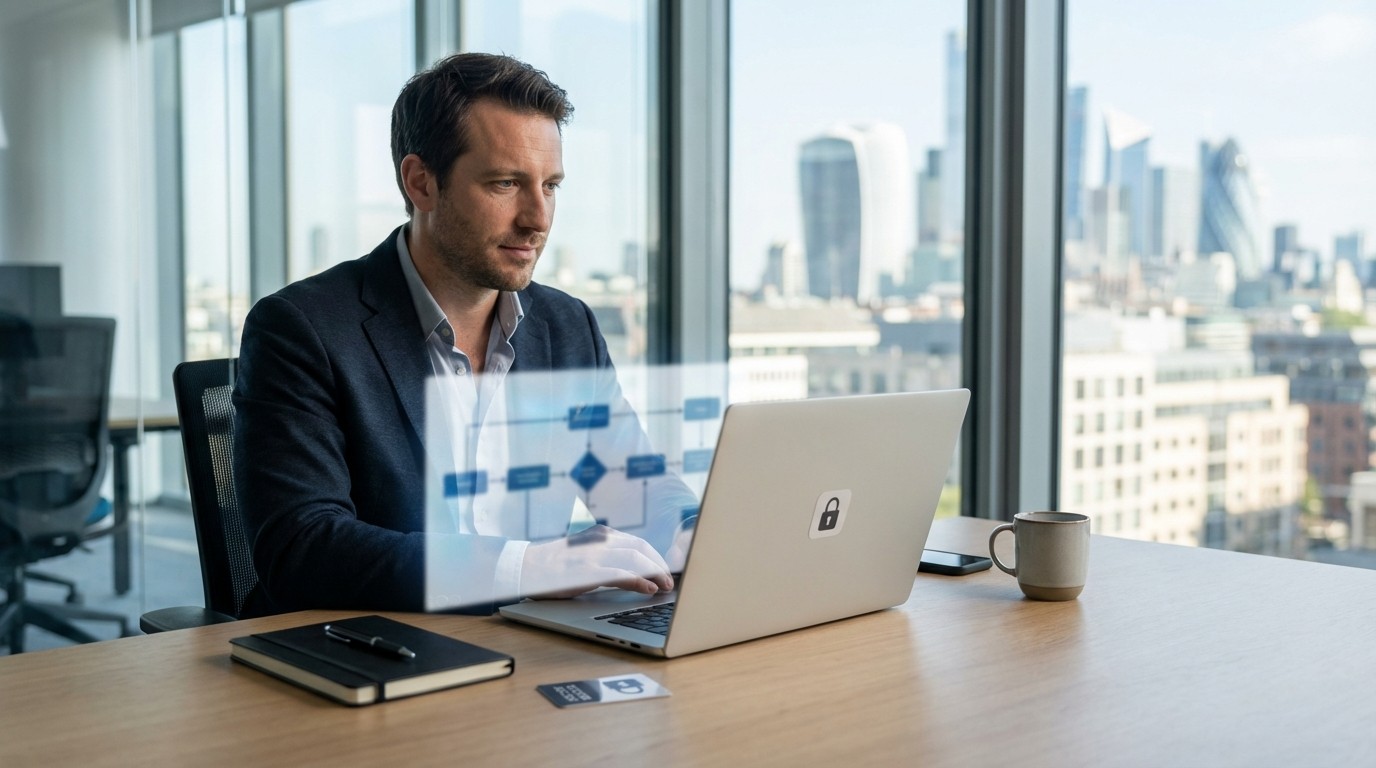 Professional analyseert een digitaal BPMN processchema, gegenereerd door de veilige AI-software van ModelMatic