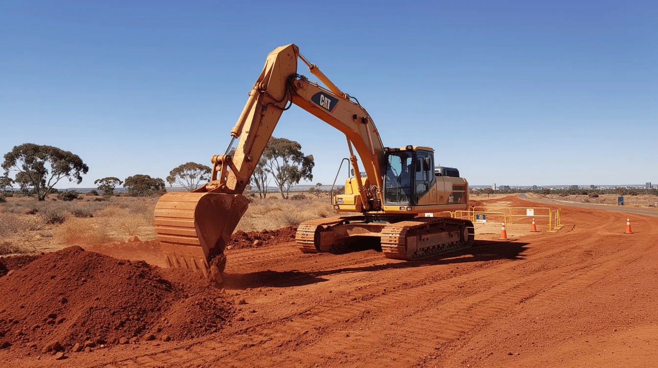 An excavator is actively digging on a construction site in Australia, set against a backdrop of clear blue skies. This scene exemplifies the use of heavy machinery, which is often financed through options like chattel mortgage or hire purchase agreements, aiding businesses in managing cash flow and asset ownership.
