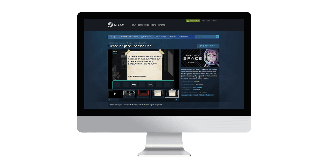 Foto da tela do computador com a página da Steam exibindo a publicação do jogo.