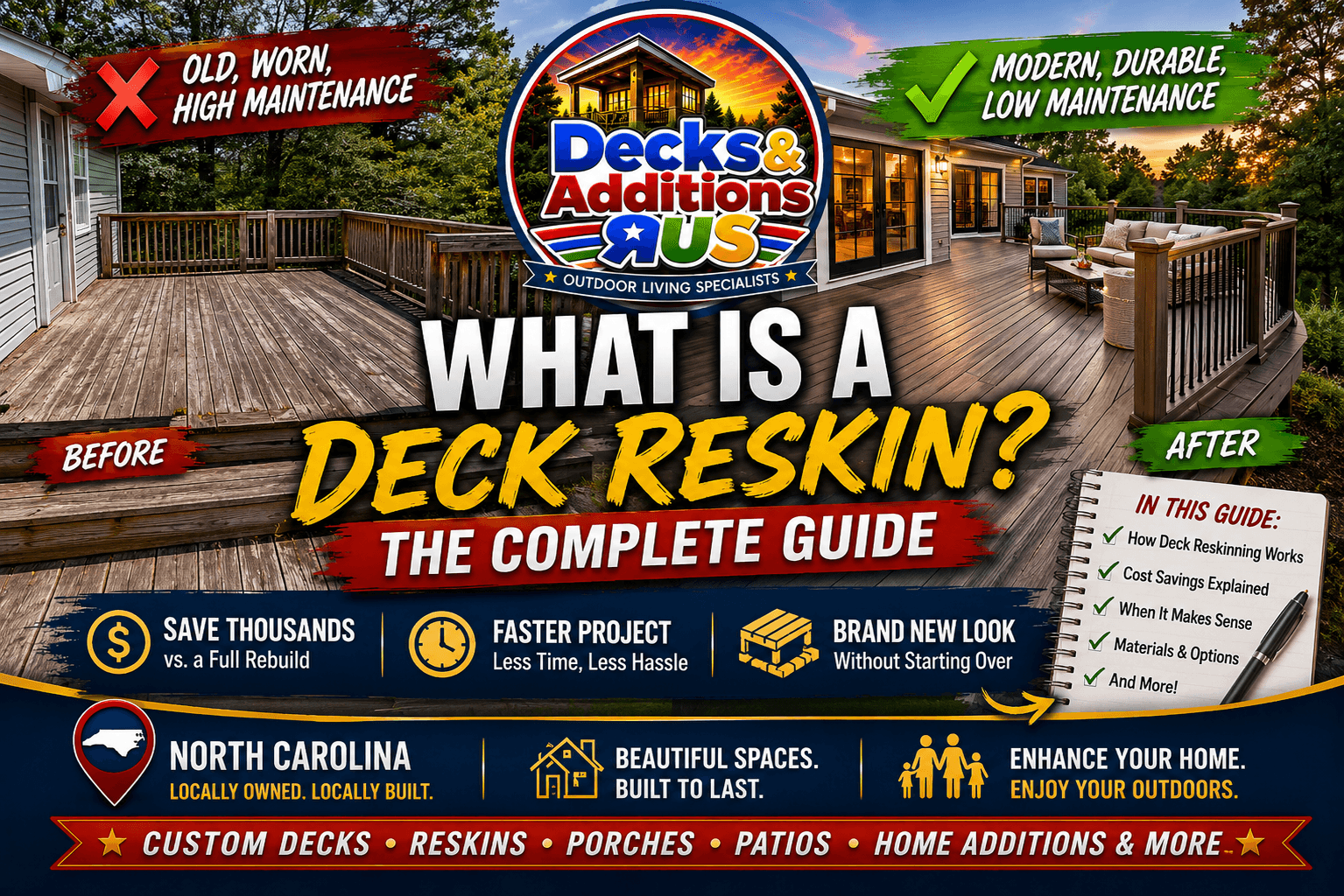 Before and after deck reskin comparison showing an old wood deck transformed into a modern low-maintenance composite outdoor living space.