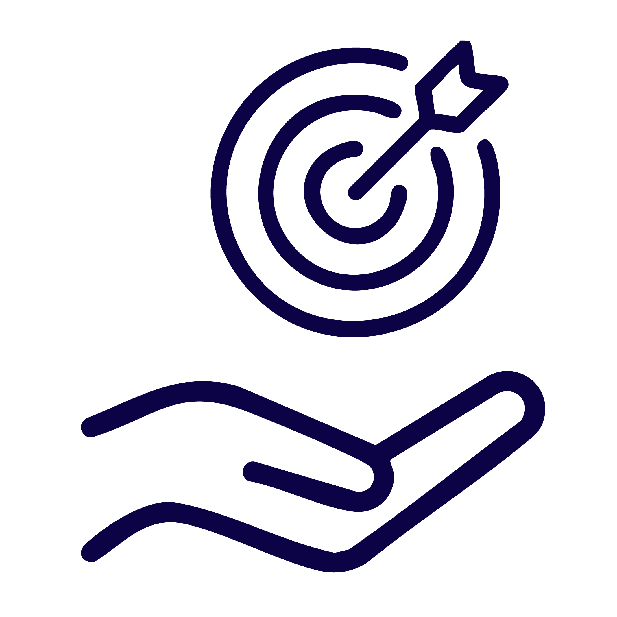 icon of a hand palm up with target with an arrow hitting bullseye in blue