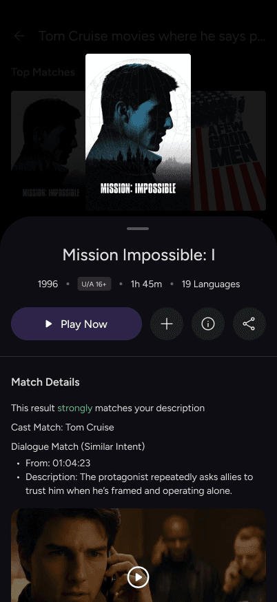 AI identifying a "strong match" based on specific dialogue and character intent within a film.