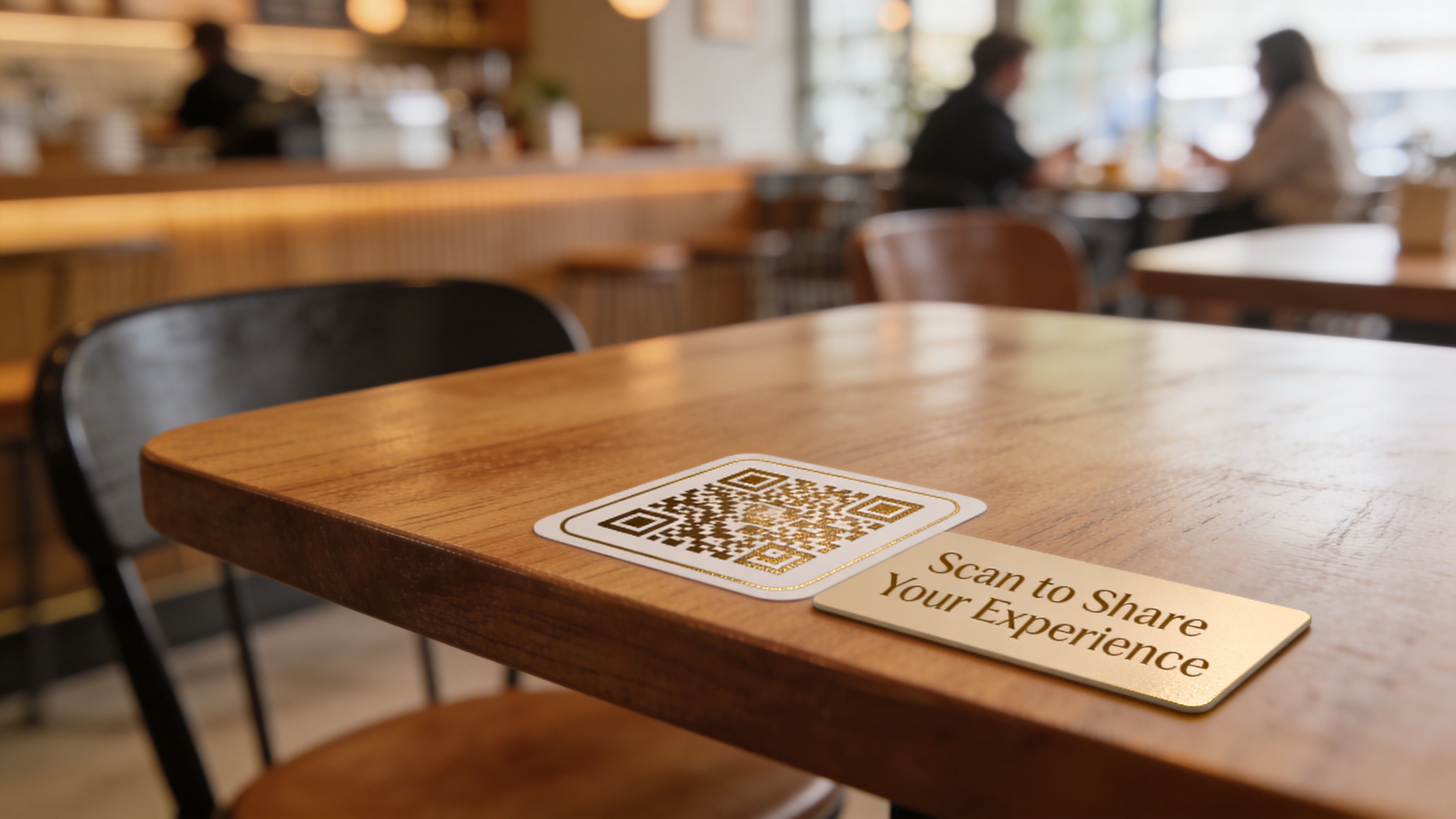 A golden QR code sticker on a wooden table inviting customers to share their dining experience feedback.