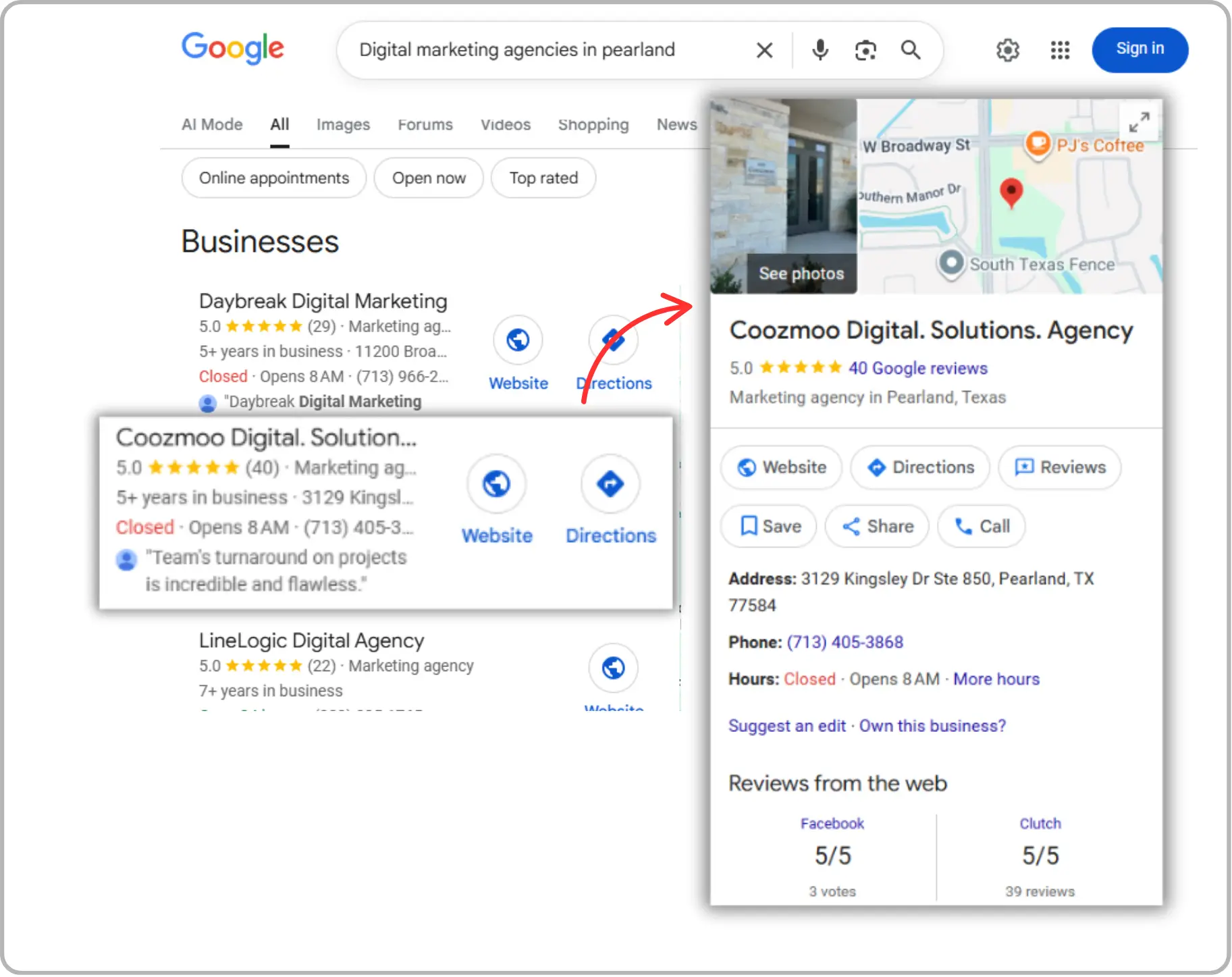 Google Search result page showing local business listings with an expanded view of a digital marketing agency.