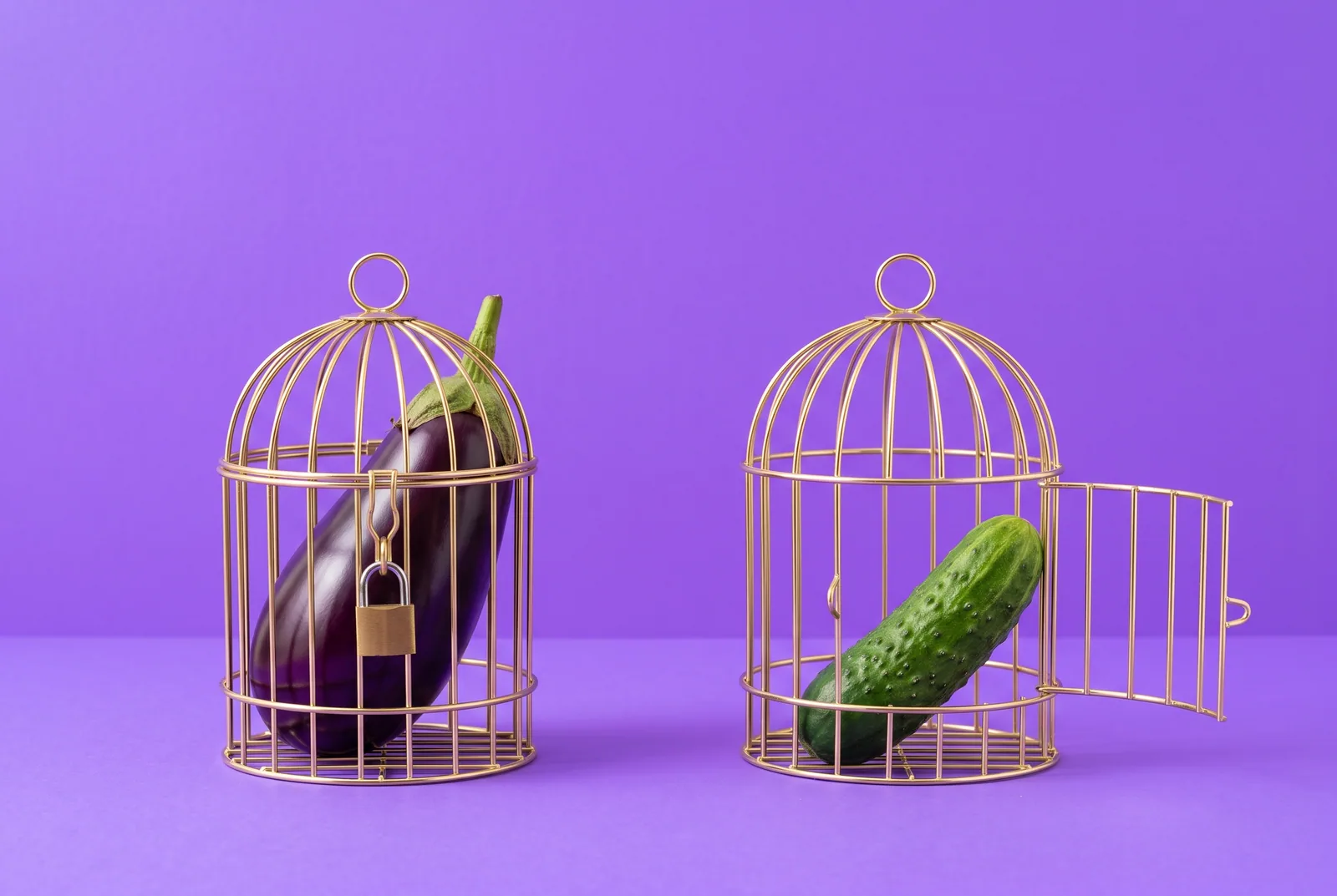 Accountability software for iPhone vs Android concept: an eggplant in a locked birdcage next to a cucumber in a cage with its door open