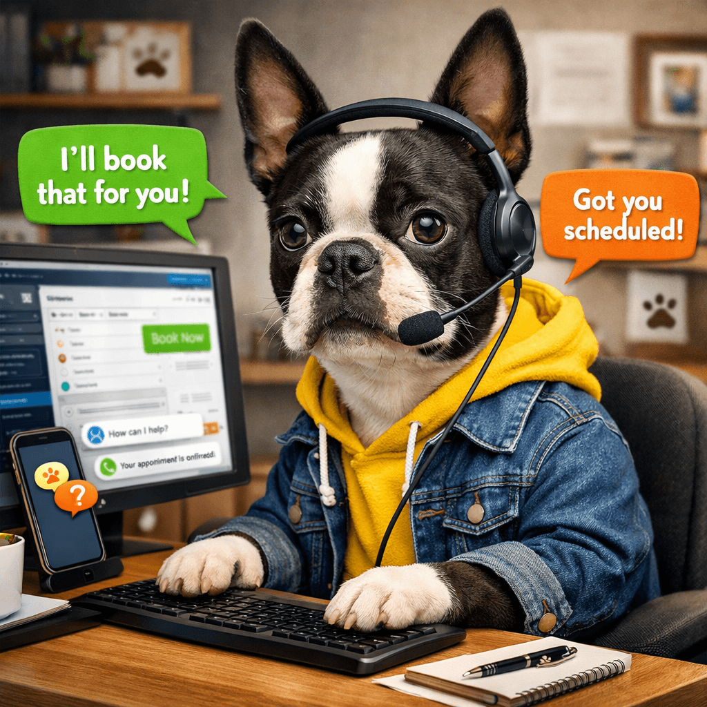 Boston Terrier mascot in a yellow hoodie and jean jacket wearing a headset, booking pet appointments on a computer.