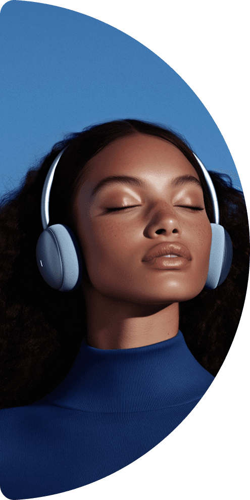 Stylish woman wearing over-ear headphones with closed eyes, enjoying music, framed in a semi-circle shape with blue tones, modern lifestyle concept