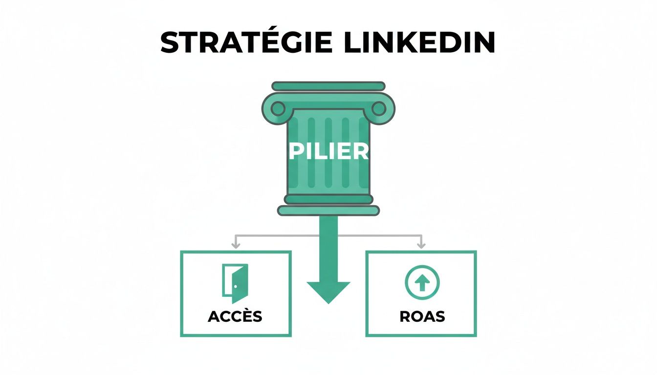 Diagramme de stratégie LinkedIn illustrant un pilier central menant à l'accès et au ROAS.