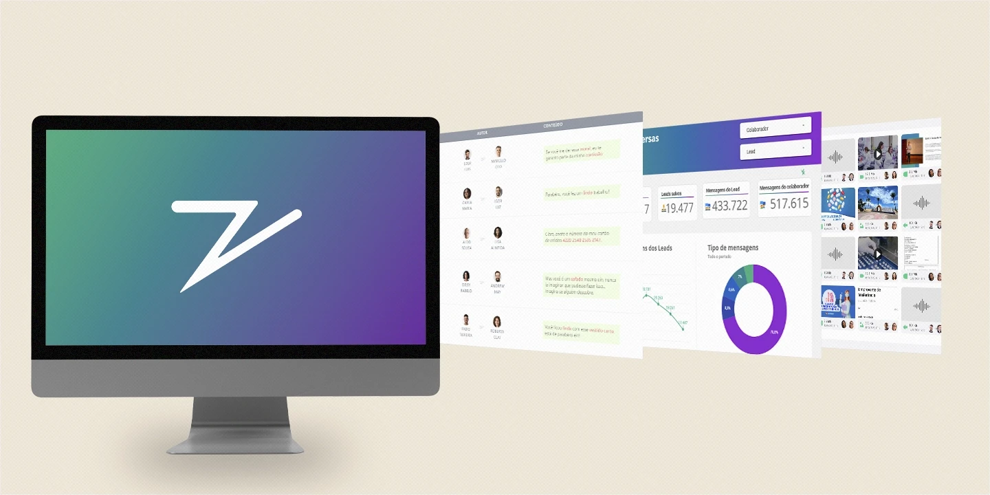 Monitor com o símbolo e as cores de Zapper e, ao lado, telas com as soluções de monitoramento, inteligência e armazenamento da ferramenta