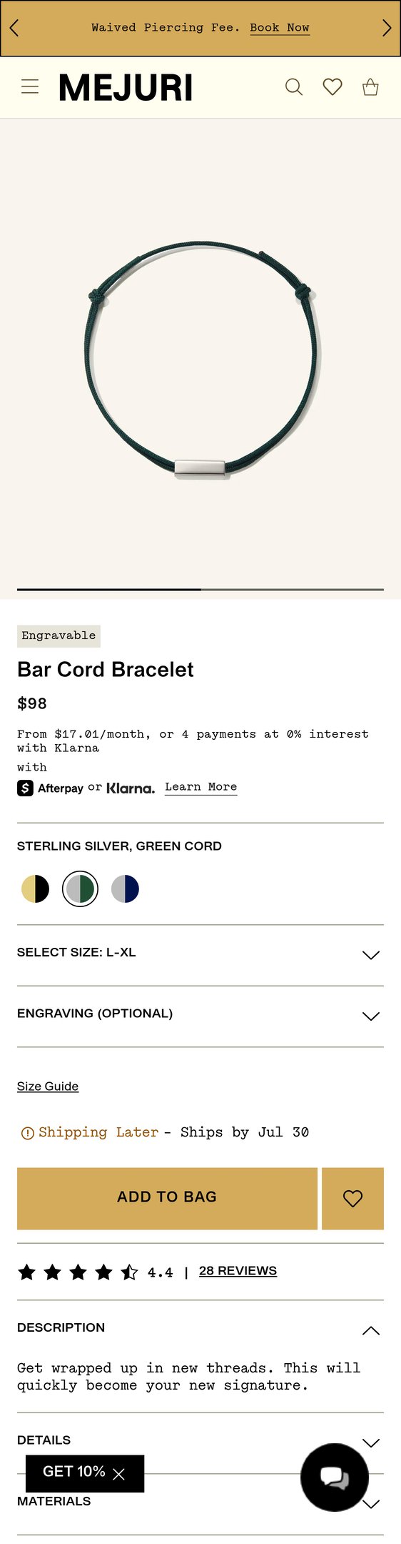 Jewelry product options include: bracelet for 14k Gold Block Bar Cord Bracelet - Jewelry from Mejuri.