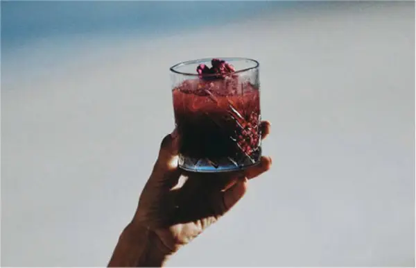 Exquisite red cocktail with ice, served in a crystal glass at Be Tulum.