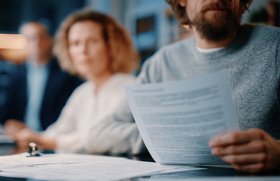 Close nas mãos segurando um documento impresso durante uma reunião de equipe, com outras pessoas desfocadas ao fundo.
