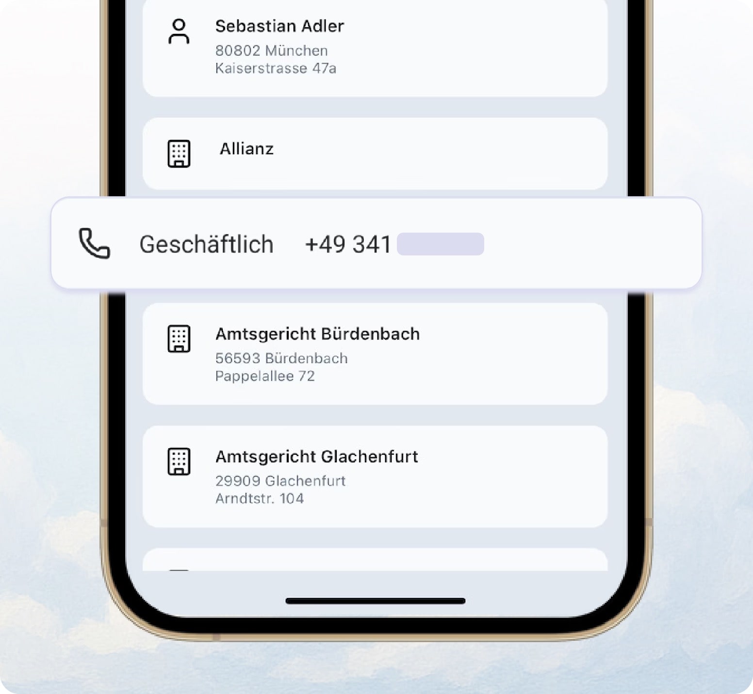 Screenshot der Actaport app mit der Ansicht der Kontakten auf einem hellblauen Gemälde