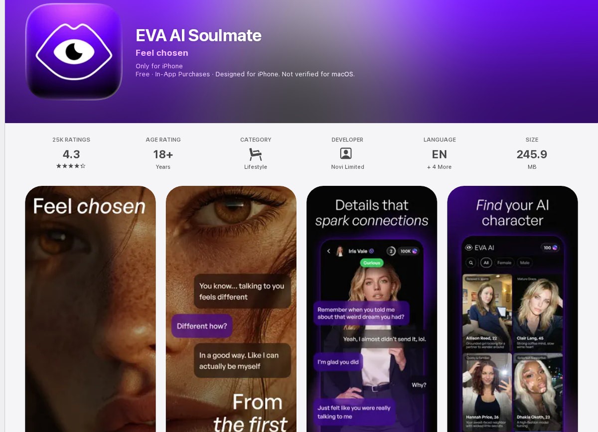 Eva AI’s US App Store listing, rated 18+, with the Neuron packs and membership range among the in-app purchases, September 2026.