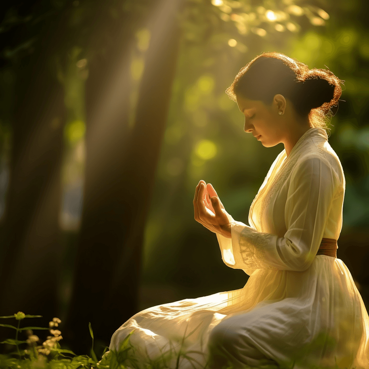 Woman praying in a sunlit forest