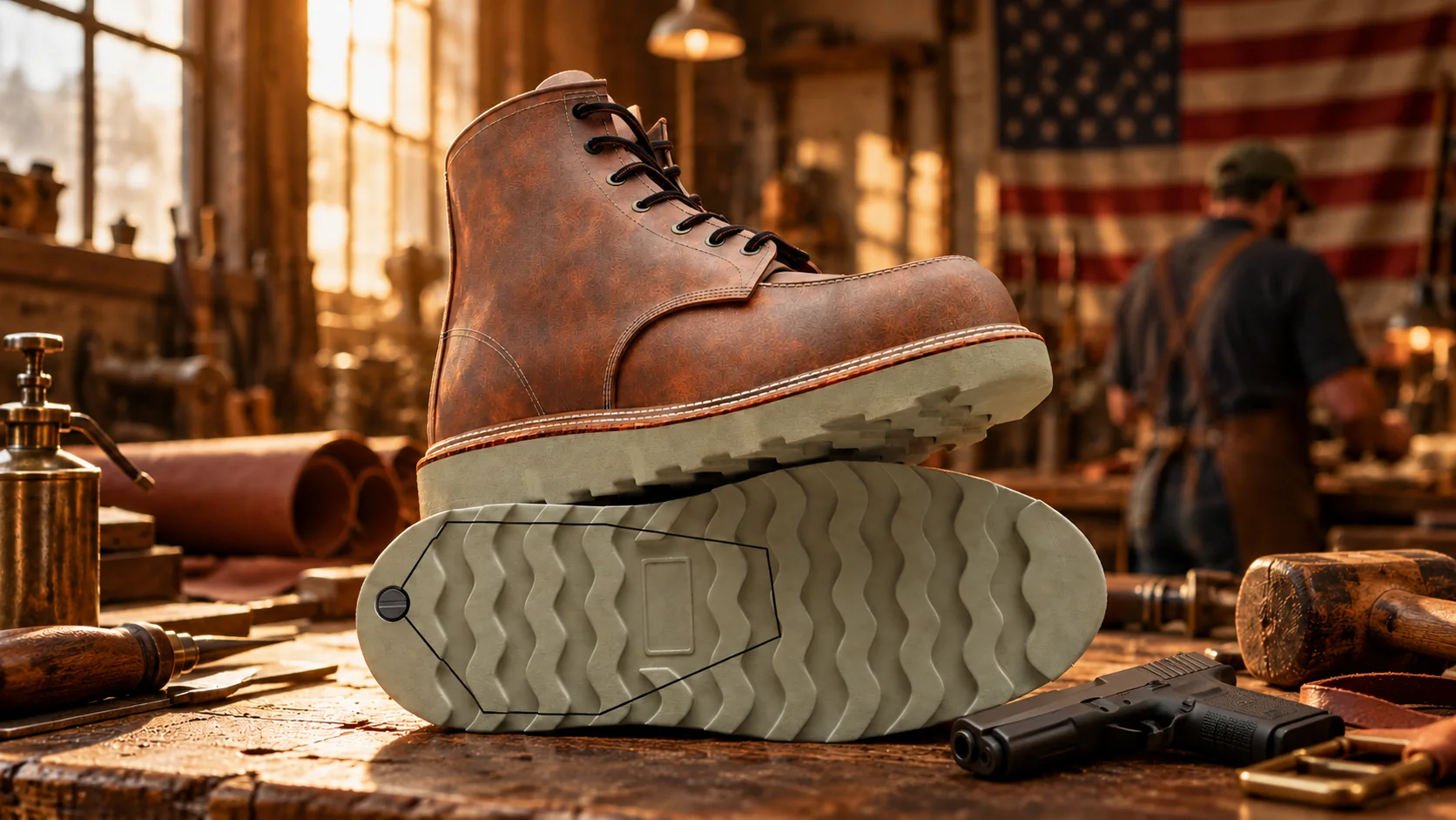 Patriot Boot in a leather workshop showing the outlined removable sole section