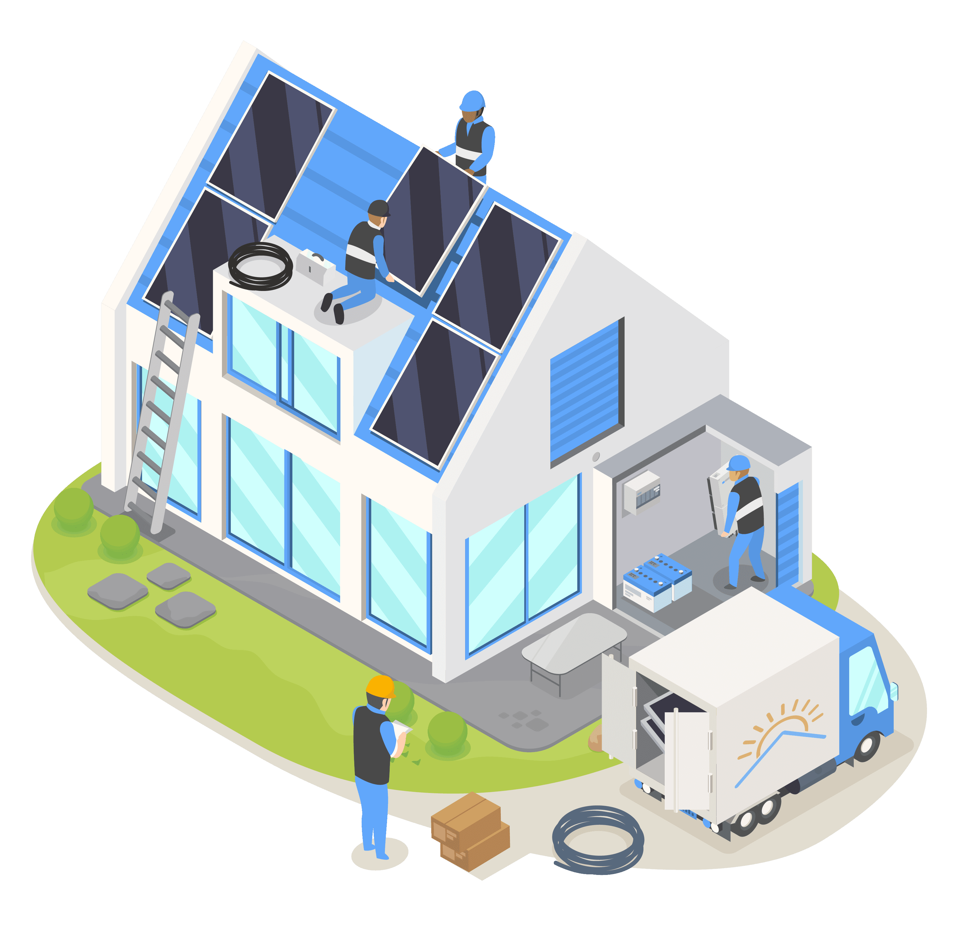 Image of a home having solar panels installed on it and a van with the Genie logo delivering the equipment