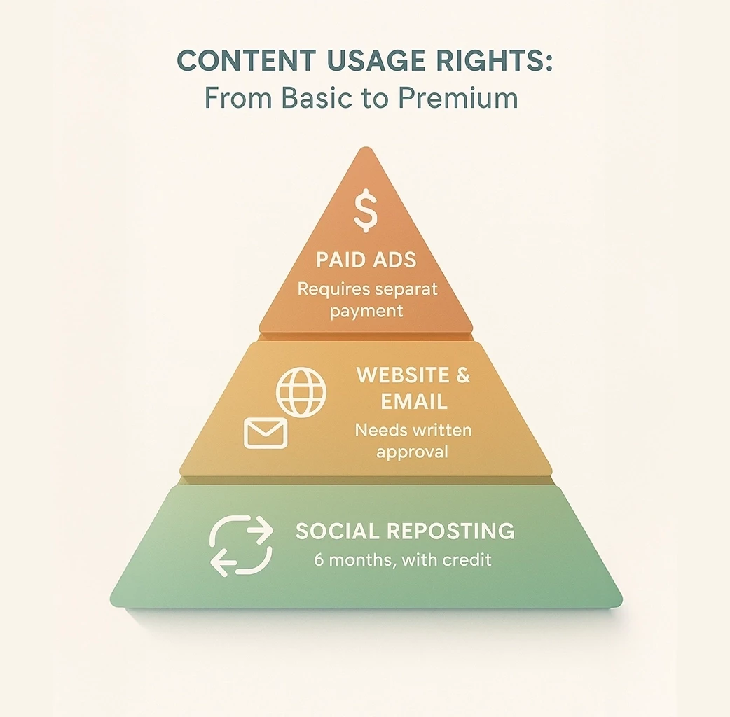 Three-tier pyramid graphic showing levels of content usage rights. Bottom (green): Social reposting, 6 months with credit. Middle (orange): Website & email, needs written approval. Top (red-orange): Paid ads, requires separate payment. Title: “Content Usage Rights: From Basic to Premium.”
