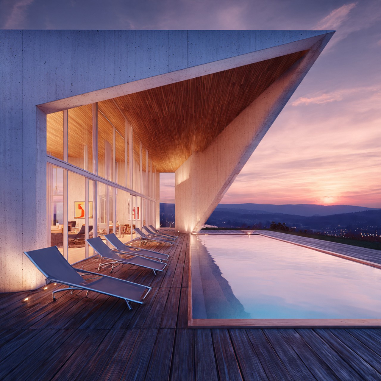 Modern house with angular design features a large pool and sun loungers on a wooden deck. Glass walls show a cozy interior. Sunset sky in the background.