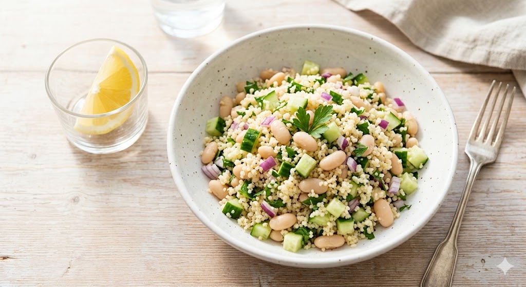 An overhead view of a bowl of couscous salad filled with white beans, diced cucumber, and red onion, garnished with fresh parsley and served with a lemon wedge and fork on a wooden table.