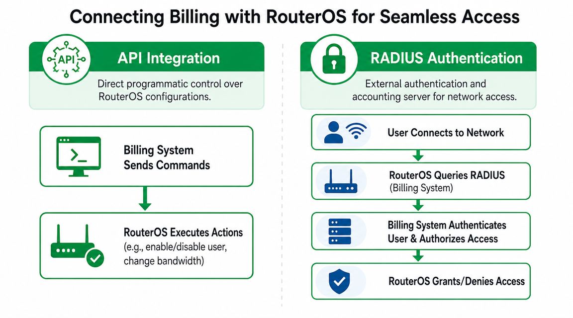 A diagram illustrating two methods for connecting a billing system with RouterOS: API integration and RADIUS authentication.
