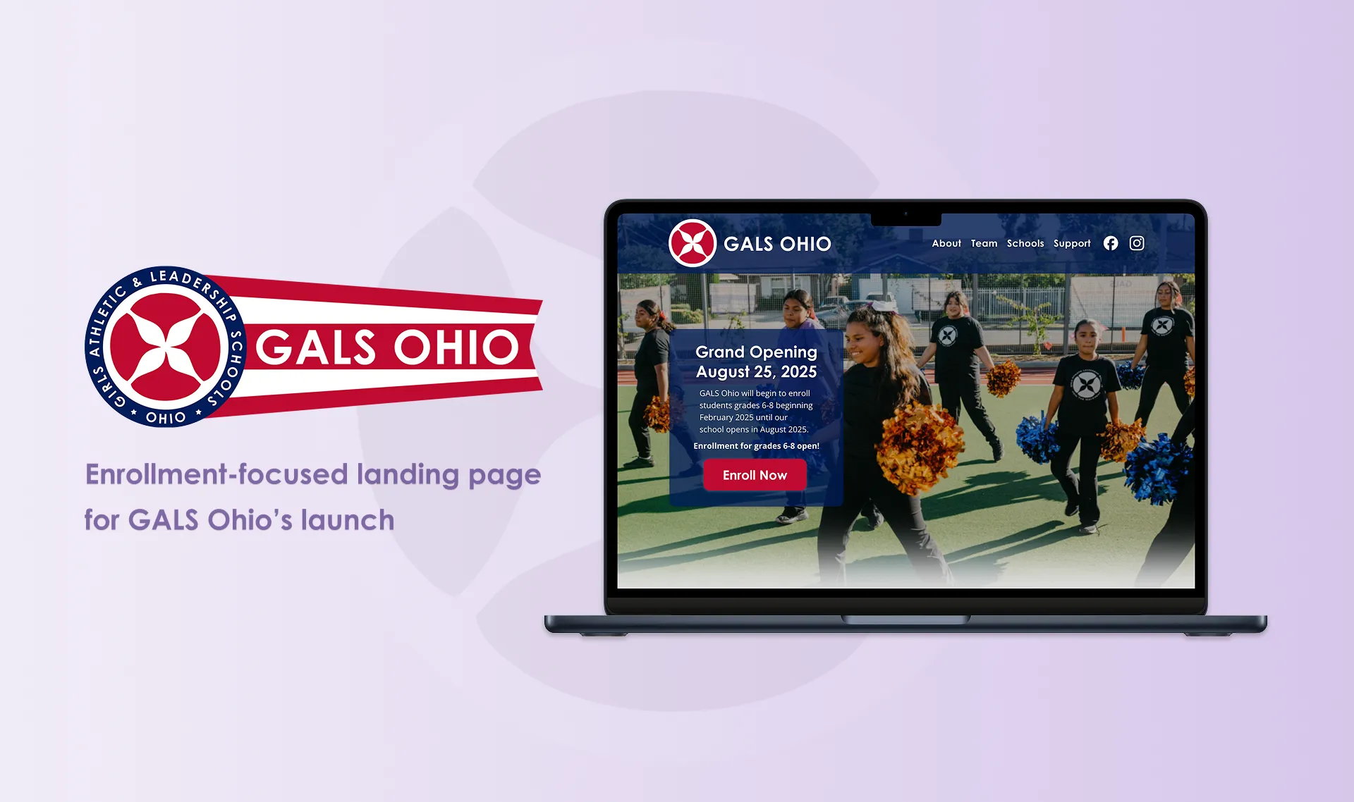 GALS Ohio logo variant alongside the enrollment-focused landing page displayed on a laptop.