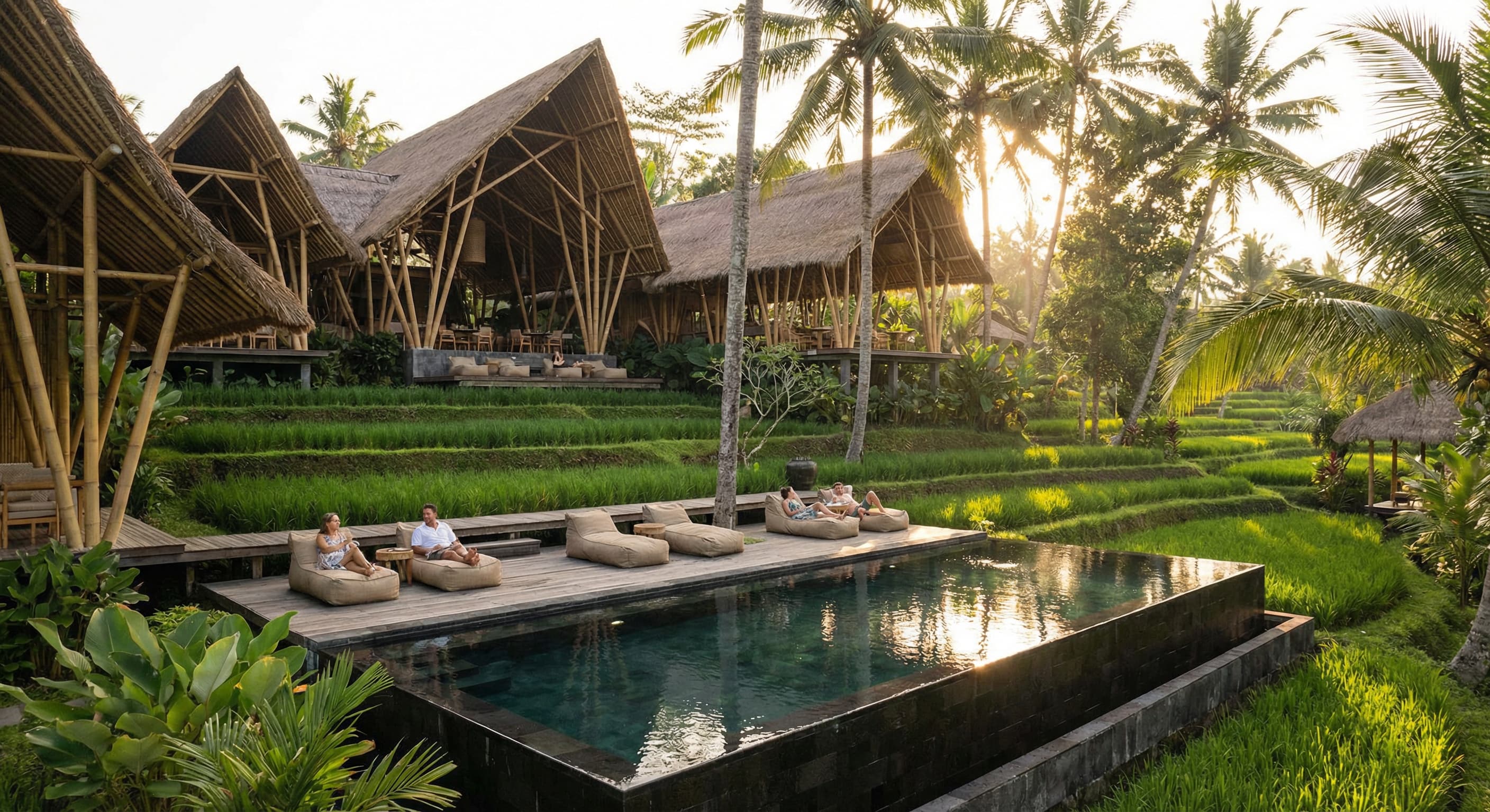 Tropical luxury villa with thatched roof surrounded by lush greenery and a reflecting pool