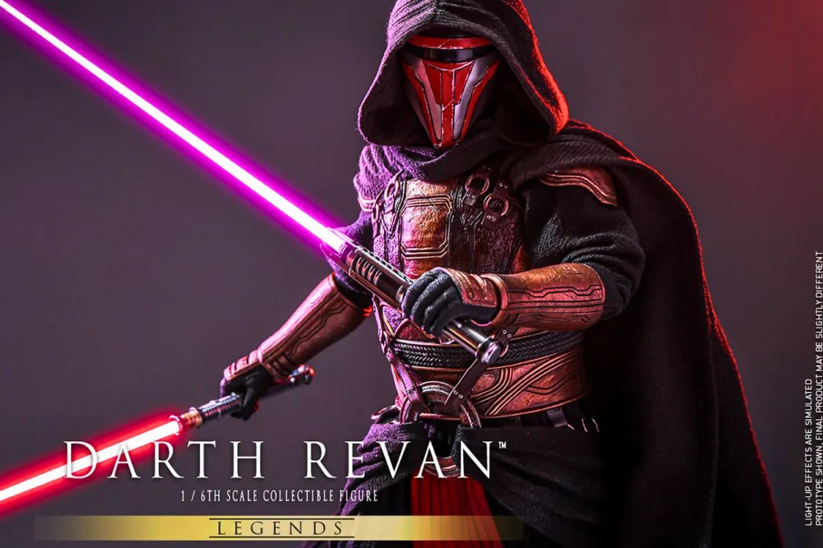 A detailed 1/6th scale collectible figure of Darth Revan from Star Wars Legends, produced by Sideshow Collectibles. The figure features Revan in his signature dark robes and red Mandalorian-inspired mask, holding ignited red and purple lightsabers in a dynamic pose. The intricate armor detailing and dramatic lighting highlight the craftsmanship of the figure.