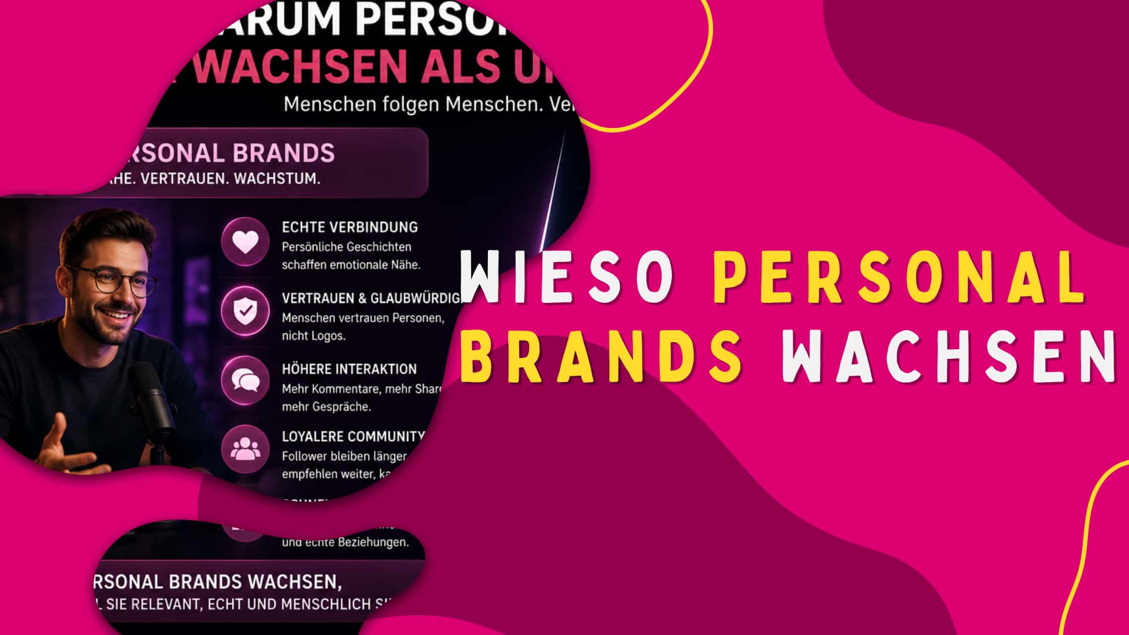 Grafische Darstellung zum Thema Personal Brands 2026 mit Fokus auf Persönlichkeit, neue Skills und effiziente Workflows. Visualisierung moderner Markenbildung und persönlichem Wachstum im Social Media Kontext.