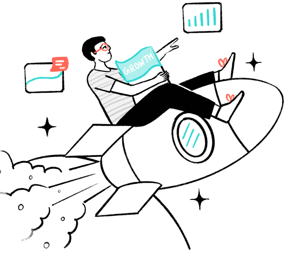 An illustration of a man on a rocket ship, symbolizing growth, with interface elements around him