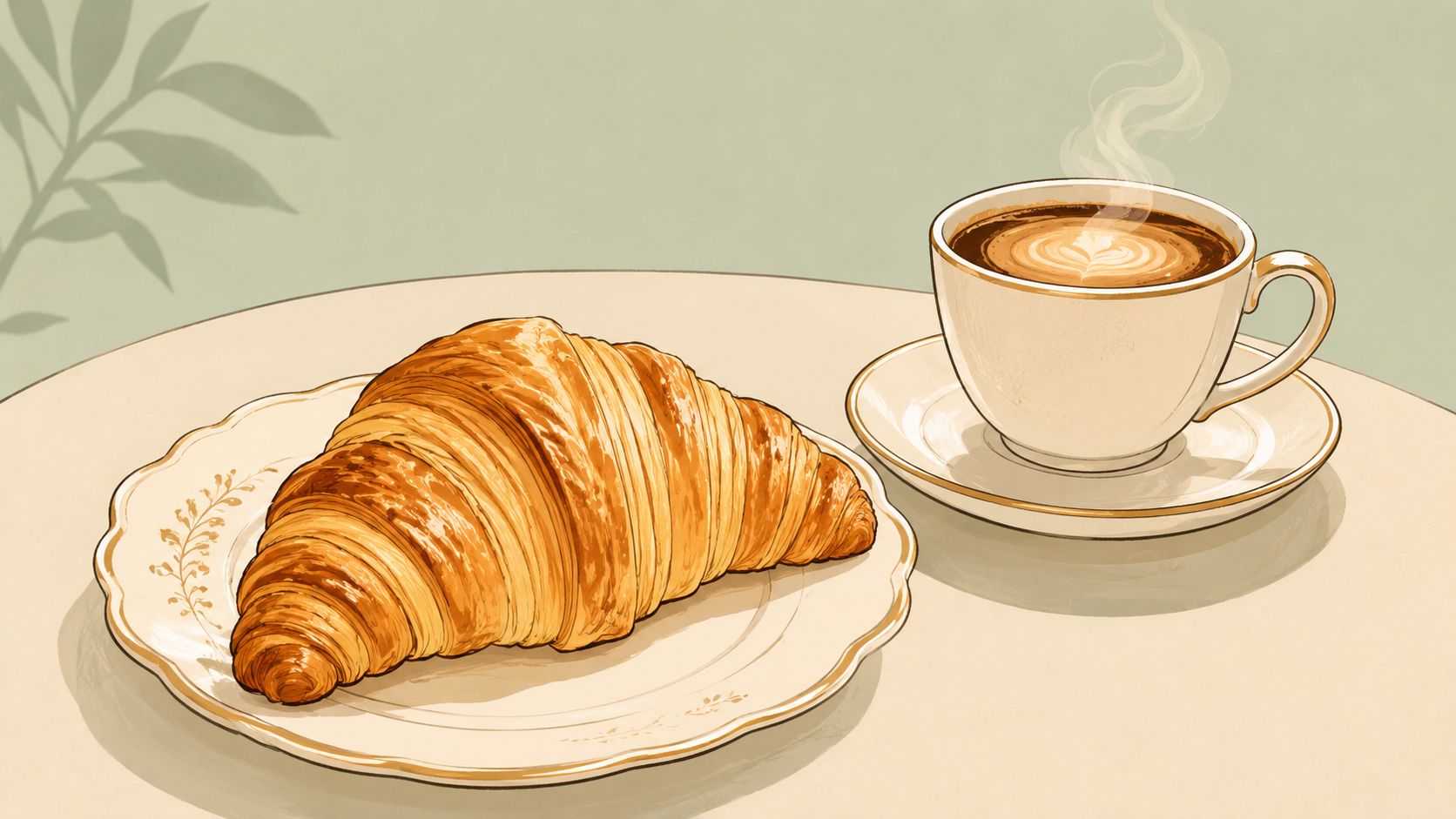 Un cruasán dorado recién horneado y una taza de café caliente con arte latte sobre una mesa.