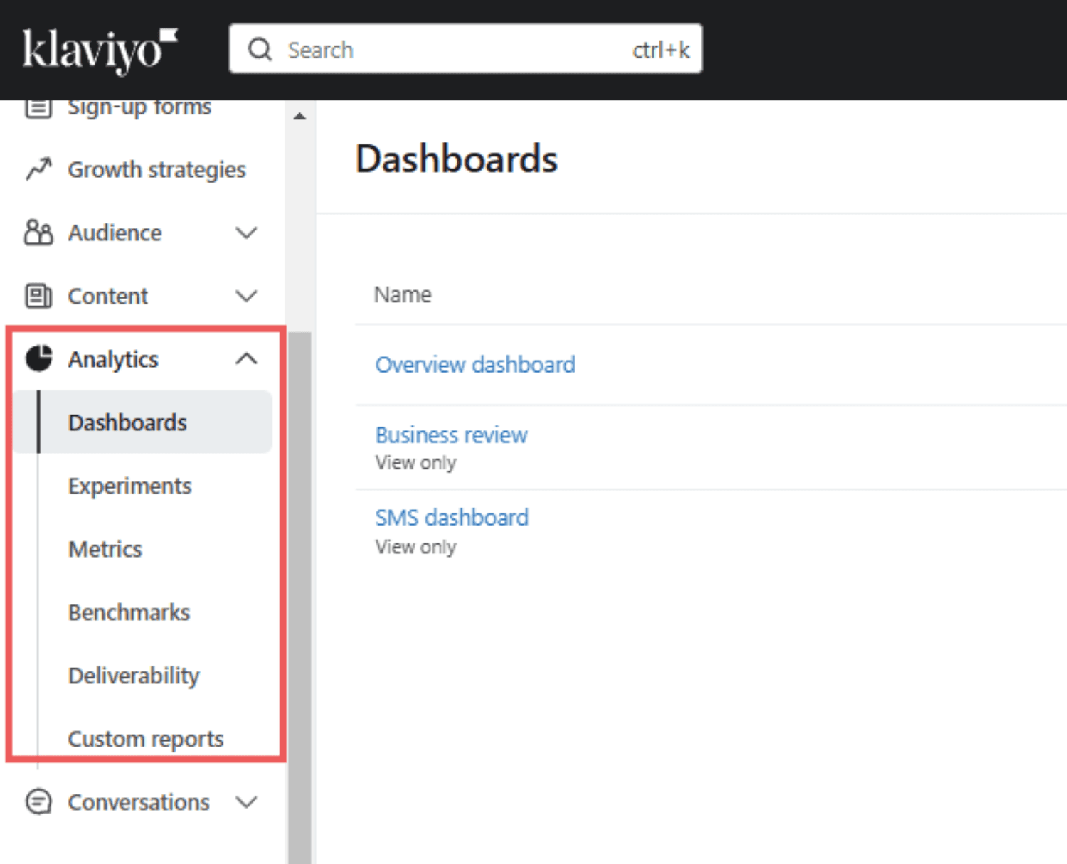 Klaviyo Analytics.png: Klaviyo analytics dashboard navigation showing options like Metrics, Experiments, Benchmarks, and Deliverability.