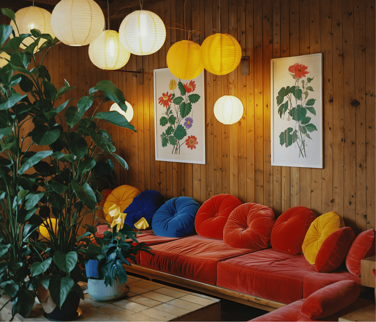 Retro living room with red modular sofa, colorful cushions, wood-paneled walls with botanical prints, yellow and white globe pendant lights, and potted plants