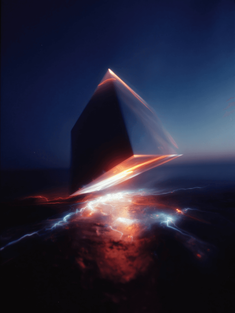 A glowing pyramid emits orange light and crackling blue energy in a dark, surreal environment with a cosmic, futuristic vibe.