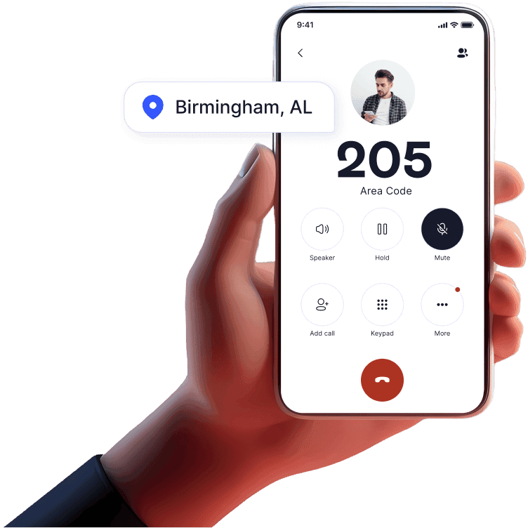 Hand holding mobile device with incoming call from 205 area code using LinkedPhone 2nd phone number mobile app