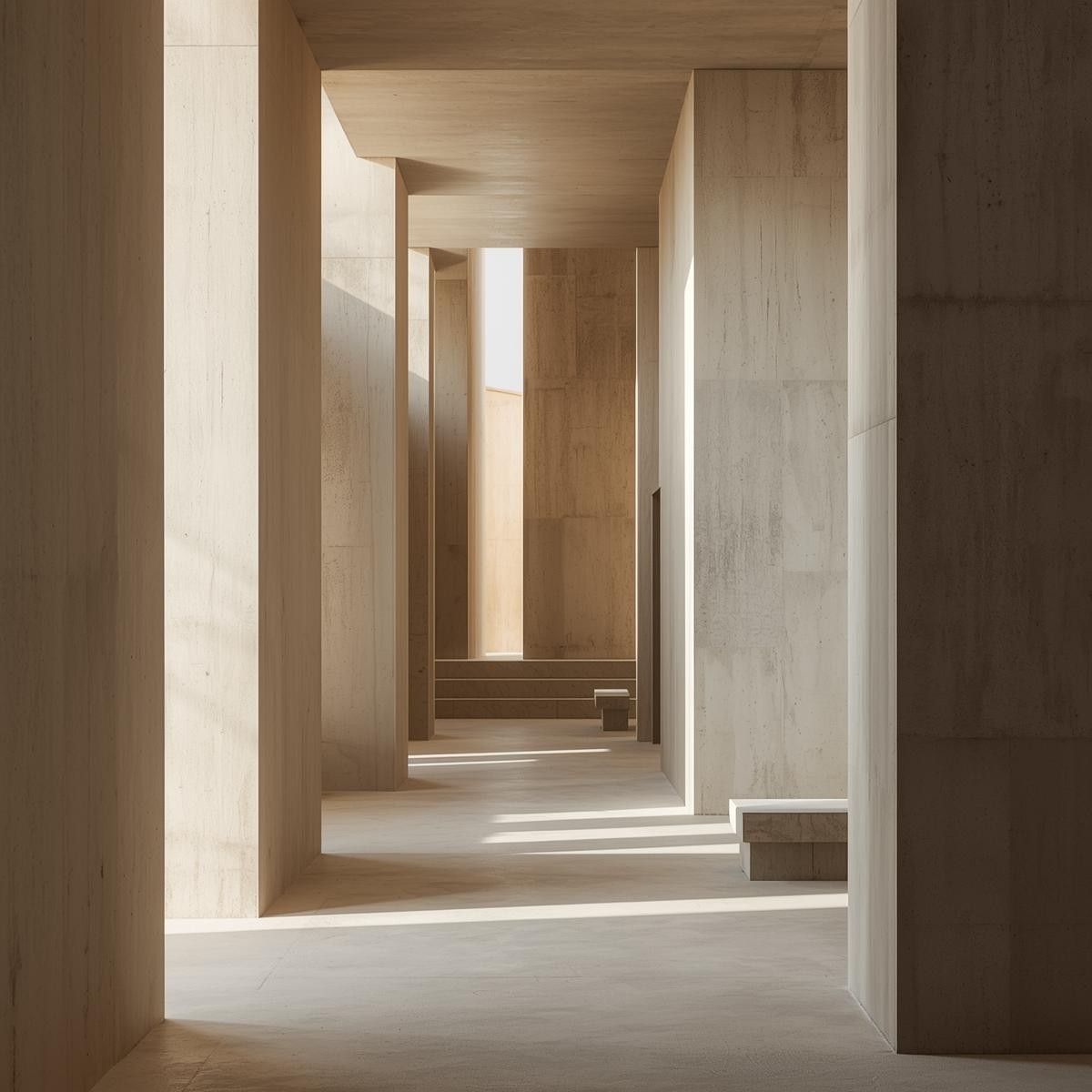 a corridor with sun rays and tall pillars 
