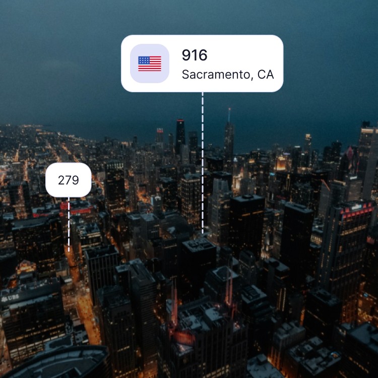 City skyline of Sacramento showing the 916 area code and surrounding area codes