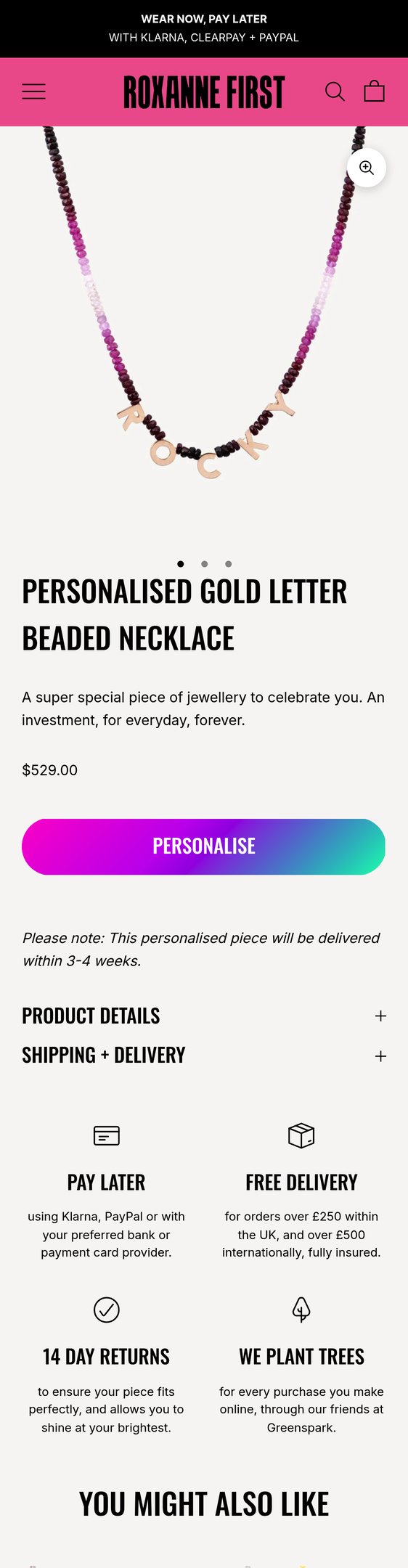 Jewelry product options include: necklace for Personalised Gold Letter Beaded Necklace from Roxanne First.