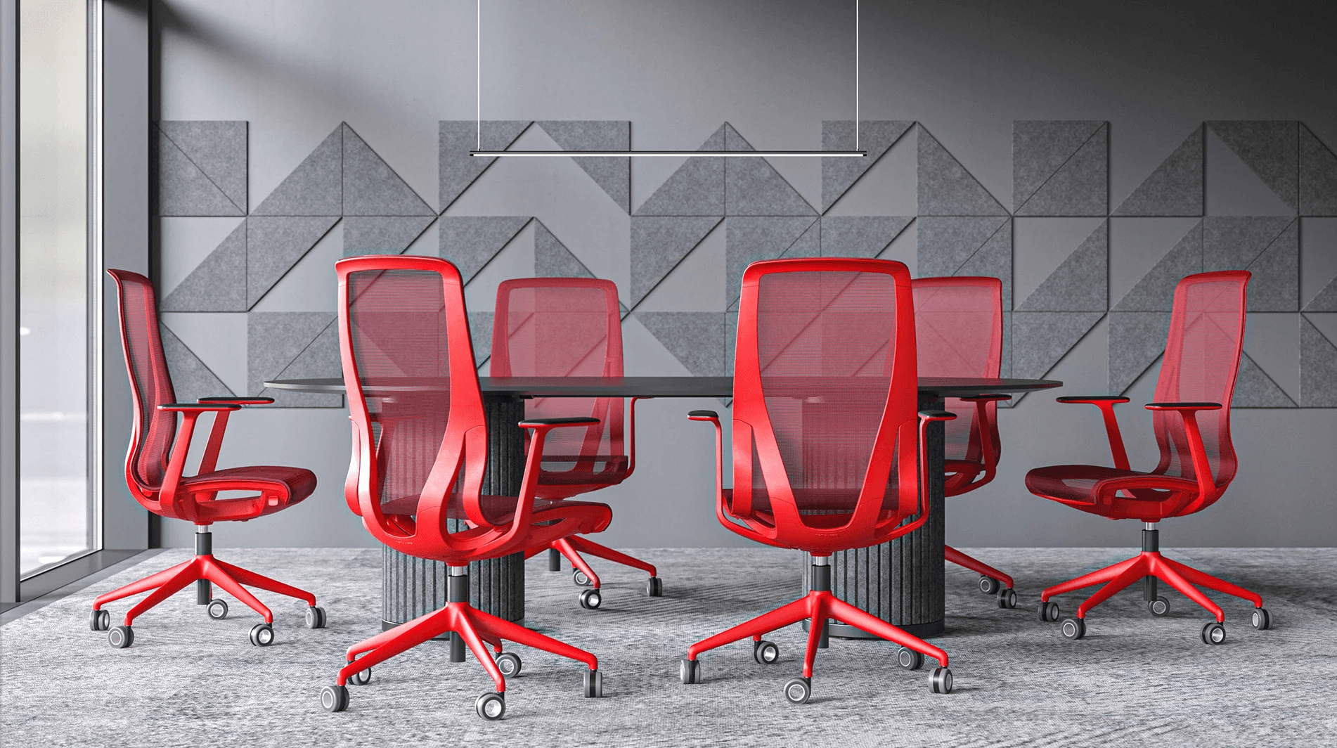 MW Interior Büroeinrichtung – dynamischer Meetingbereich mit auffälligen roten Designstühlen und geometrischer Wandverkleidung