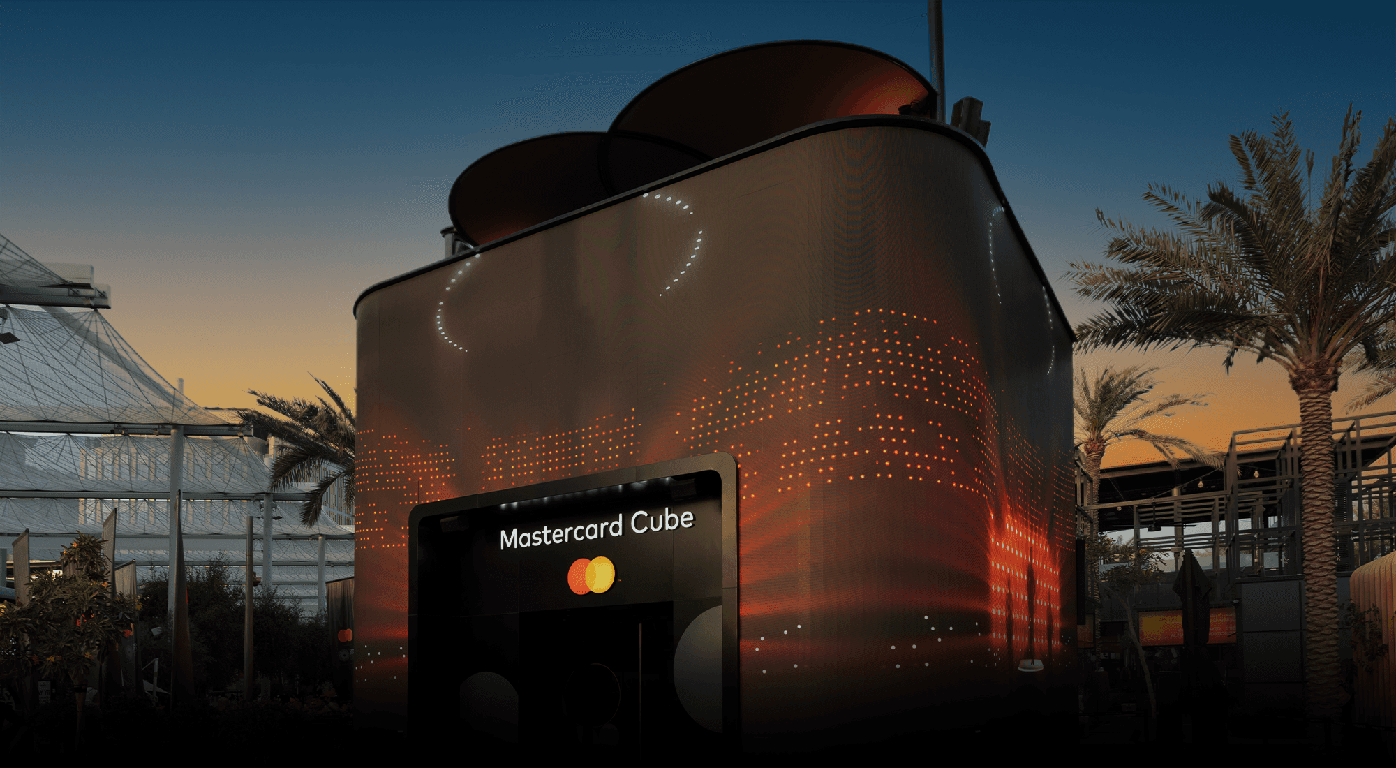 The Mastercard Cube at Dubai Expo during sunset
