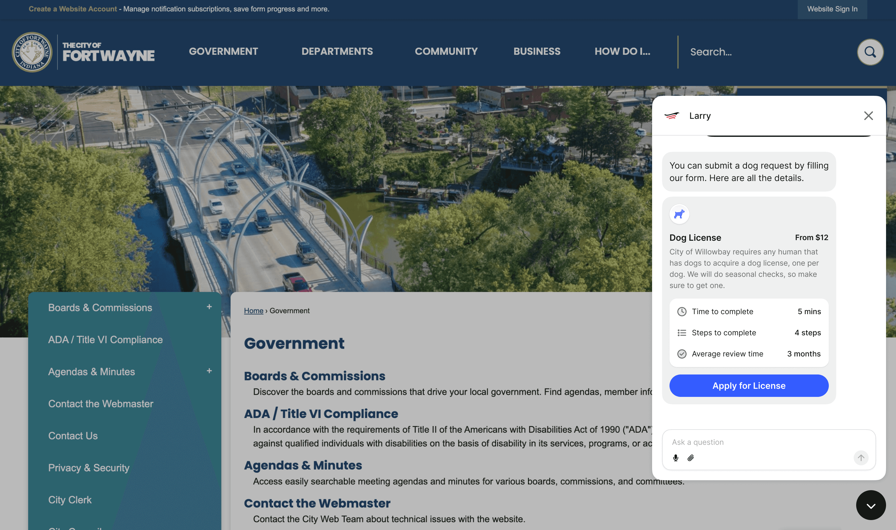 Government section with dog license application popup