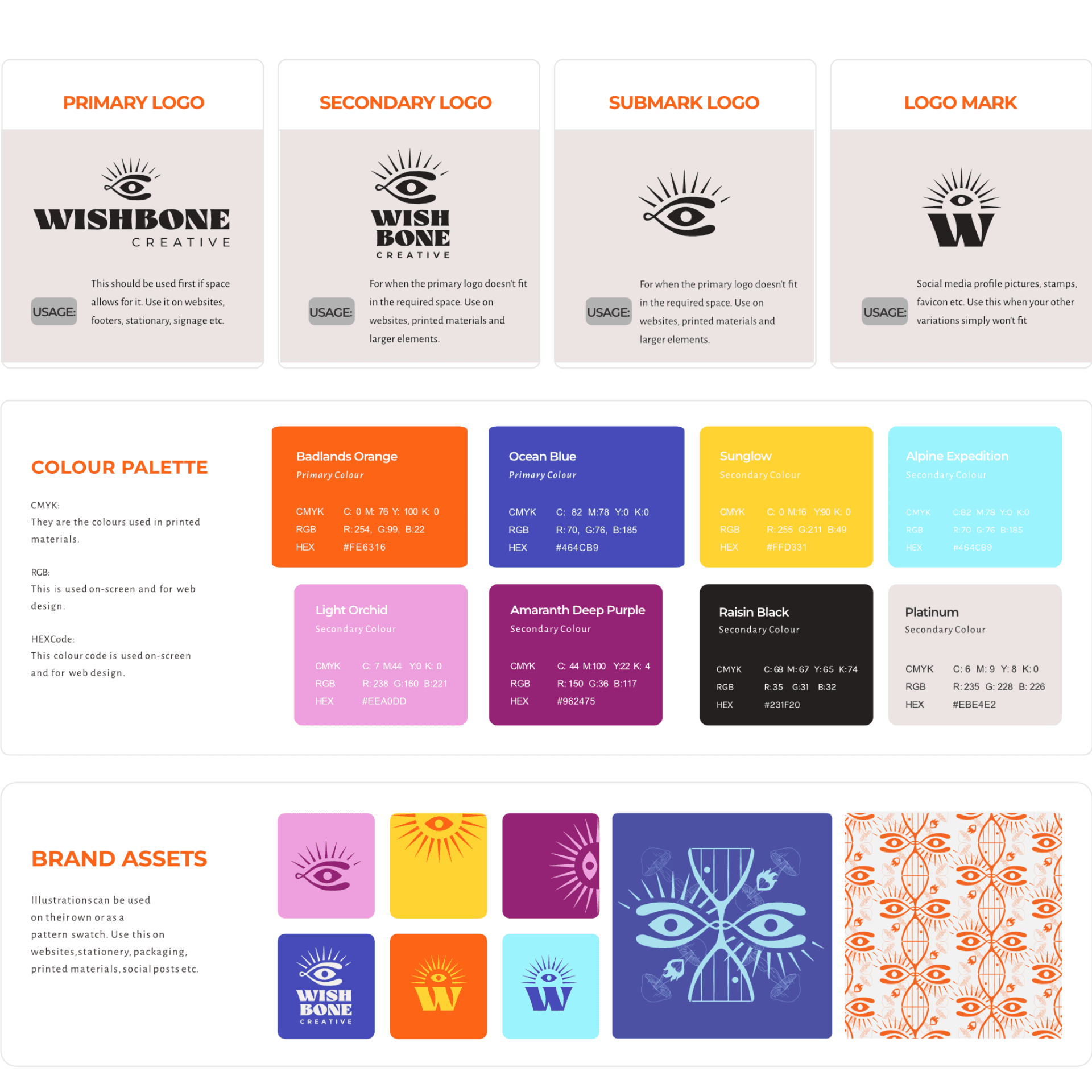Brand guideline page showing bright color swatches in red, yellow, pink, and purple.