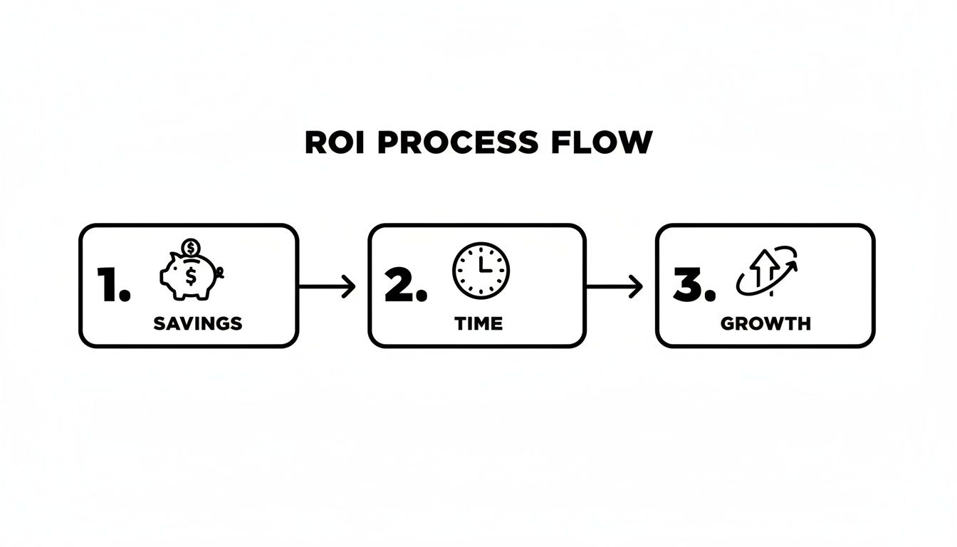 A clear flowchart outlining the ROI process steps: 1. Savings (piggy bank), 2. Time (clock), 3. Growth (upward arrow).
