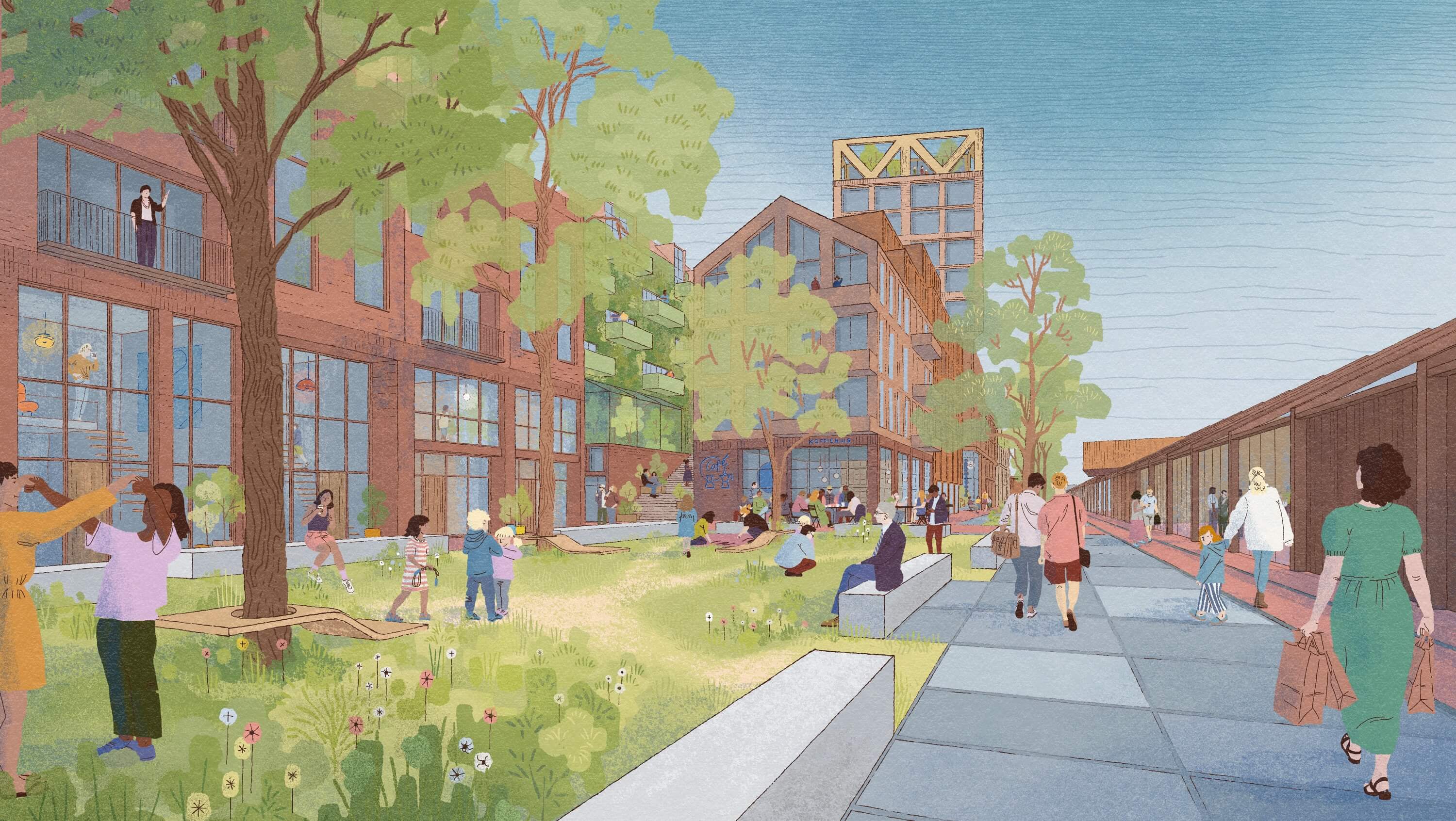 A vibrant outdoor scene featuring people interacting in a garden, surrounded by modern brick buildings and trees.