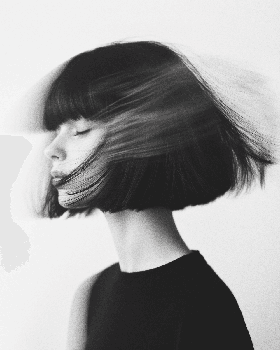 Black and white photo of a girl with straight hair